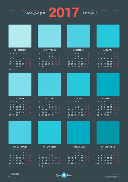 Modèle de conception de calendrier pour 2017 Année. La semaine commence lundi. Papeterie Design. Affiche de calendrier vectoriel avec place pour photo — Image vectorielle