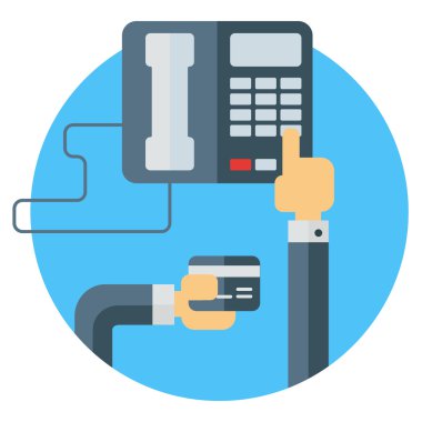 Aranan telefon numarası ve banka kartı tutan. Telefon üzerinden işlem. Renkli düz vektör çizim 