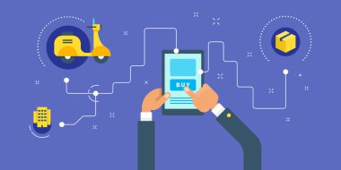 Online e-ticaret konsepti. Eller neredeyse mallarla bağlantılı bir tablet tutan. Mor arka plan üzerinde yatay renkli düz vektör illustartion 