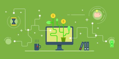 Web hizmetleri, e-ticaret kavramı üzerinden iş başlangıç. Yeşil arka plan üzerinde yatay renkli düz vektör çizim.