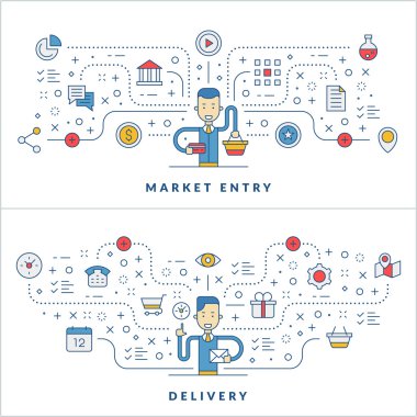 Pazara giriş. Teslim. Düz çizgi simgeleri ve işadamı çizgi film karakteri. İş konsepti. Web sitesi afiş şablonu veya üstbilgi için vektör ince çizgi çizimi