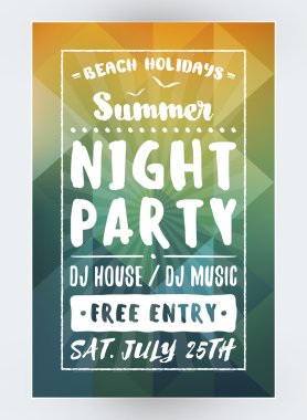 Yaz plaj partisi el ilanı veya Poster. Gece kulübü etkinliği. Yaz gecesi parti. Vektör el ilanı tasarım şablonu