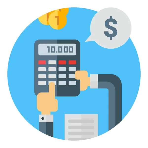 Felülről véve a kezek betöltő számológép számolás pénzt. Színes síkvektorgrafikus illusztráció — Stock Vector
