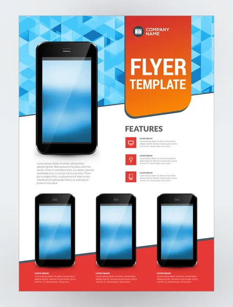 Vector Business Flyer Design Template voor mobiele applicatie of nieuwe Smartphone. Vector Brochure lay-out ontwerpsjabloon. Rode en blauwe kleuren — Stockvector