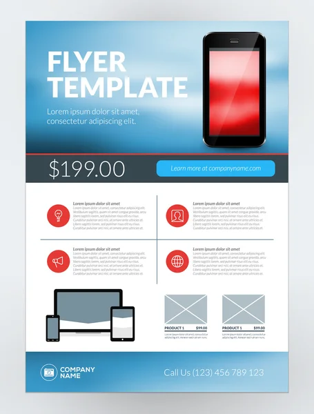 Modello di progettazione di volantini aziendali vettoriali per applicazioni mobili o nuovi smartphone. Brochure vettoriale Design Layout Template. Colori rosso e blu — Vettoriale Stock