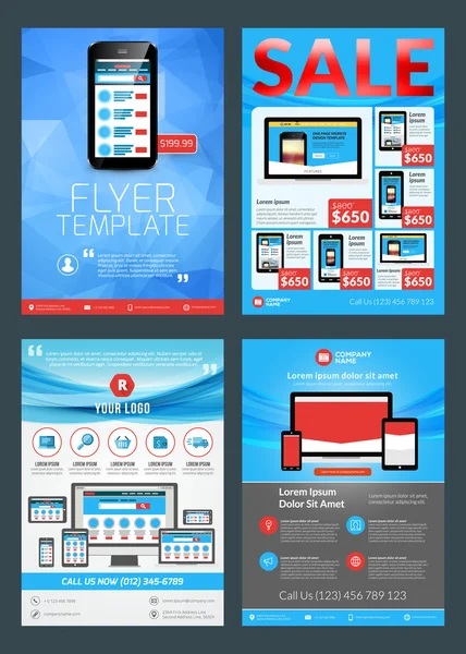 Set of Business Flyer Design Templates for Mobile Application or New Smartphone. Vector Brochure Design Layout Template. Red and Blue Colors — Stock Vector