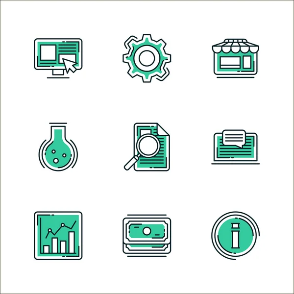 Sada ikon položky pracovního postupu v podnikání a prvků, kancelářského vybavení a věci. Barevné v zelené, izolovaných na bílém pozadí — Stockový vektor