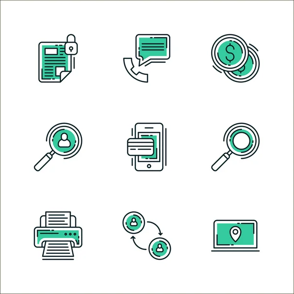 Ensemble d'icônes d'éléments et d'éléments de flux de travail métier, d'équipements de bureau et autres. Coloré en vert, isolé sur fond blanc — Image vectorielle