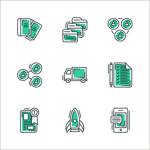 Conjunto de ícones de itens de fluxo de trabalho de negócios e elementos, equipamentos de escritório e outras coisas. Colorido em verde, isolado sobre fundo branco —  Vetores de Stock