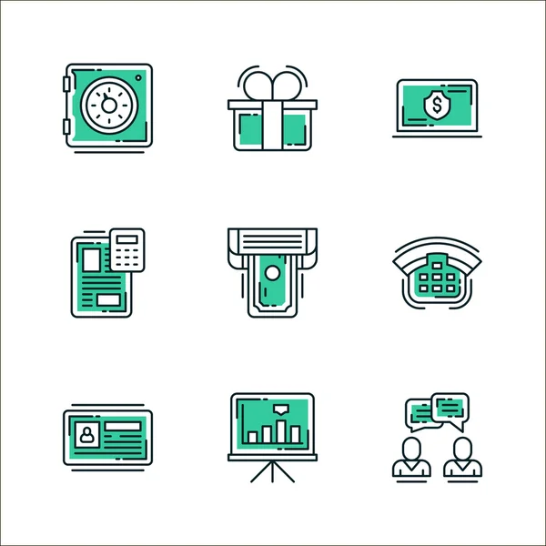 Set di icone di elementi ed elementi del flusso di lavoro aziendale, attrezzature per ufficio e roba del genere. Colorato in verde, isolato su sfondo bianco — Vettoriale Stock