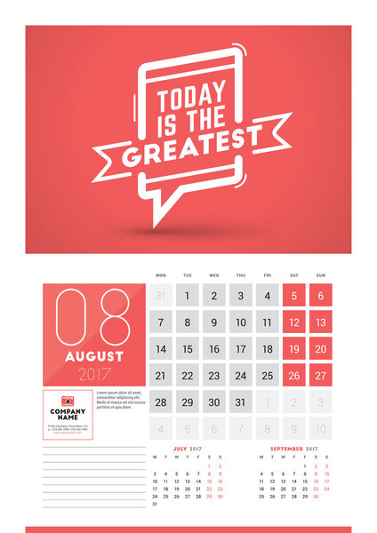 Wall calendar planner print template for 2017 year. August 2017. Calendar poster with motivational quote. 3 Months on page. Week starts Monday