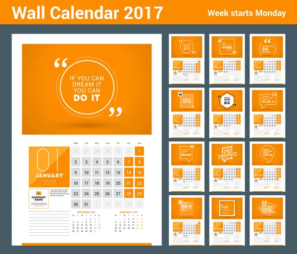 Πρότυπο εκτύπωσης σχεδιαστή ημερολογίου τοίχου για 2017 έτος. Αφίσα ημερολόγιο με εμψυχτικό απόσπασμα. 3 μήνες στη σελίδα. Η εβδομάδα ξεκινά τη Δευτέρα — Διανυσματικό Αρχείο