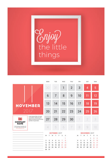 Wall calendar planner print template for 2017 year. November 2017. Calendar poster with motivational quote. 3 Months on page. Week starts Monday