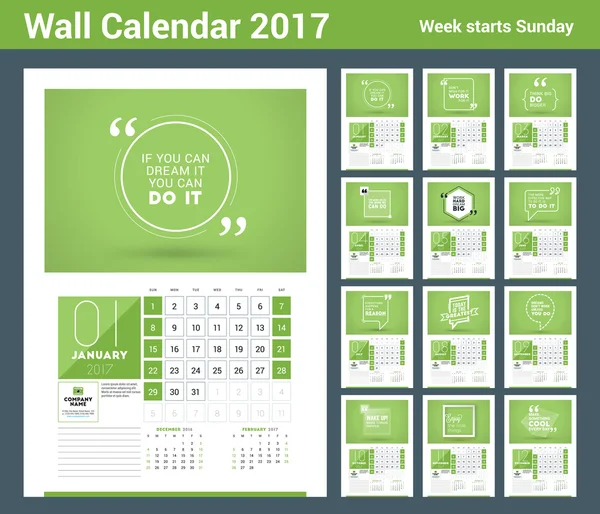 Πρότυπο εκτύπωσης σχεδιαστή ημερολογίου τοίχου για 2017 έτος. Αφίσα ημερολόγιο με εμψυχτικό απόσπασμα. 3 μήνες στη σελίδα. Η εβδομάδα ξεκινά την Κυριακή — Διανυσματικό Αρχείο