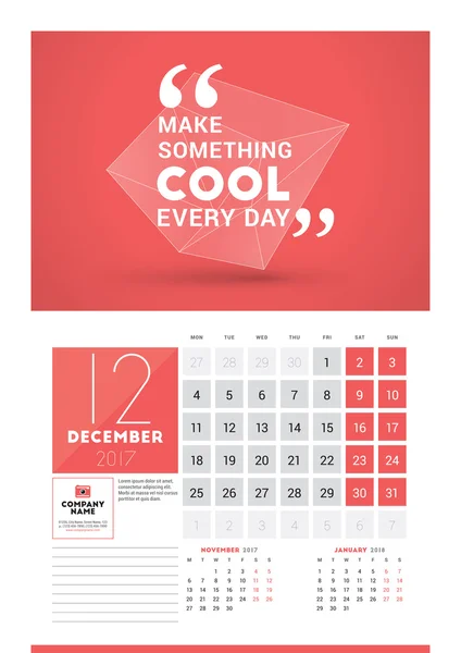 Τοίχο planner εκτύπωσης πρότυπο ημερολογίου για το έτος 2017. Δεκεμβρίου 2017. Ημερολόγιο αφίσα με παρακίνησης. 3 μήνες στη σελίδα. Εβδομάδα ξεκινά τη Δευτέρα — Διανυσματικό Αρχείο