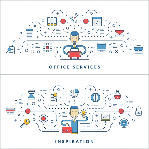オフィス サービス。インスピレーション。フラットラインアイコンとビジネスマン漫画のキャラクター。ビジネスコンセプト。Web サイト のバナー テンプレートまたはヘッダーのベクトル細線のイラスト — ストックベクタ