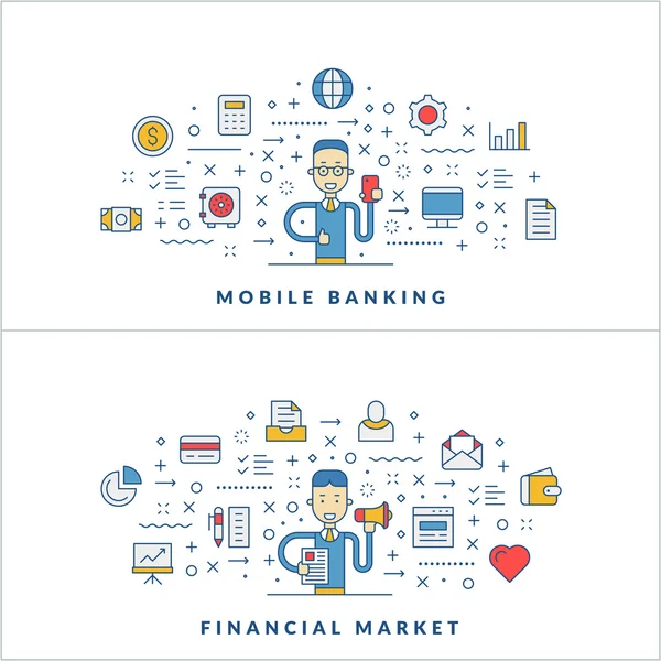 Mobiel bankieren. Financiële markt. Platte lijn pictogrammen en zakenman stripfiguur. Bedrijfsconcept. Dunne lijn vectorillustratie voor kop- of website sjabloon voor spandoek — Stockvector