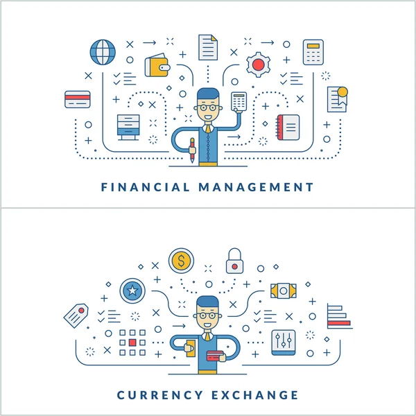 Financial management. Currency exchange. Flat line icons and businessman cartoon character. Business concept. Vector thin line illustration for website banner template or header — Stock Vector