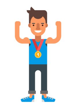 Mutlu erkek kazanan altın madalya giyiyor. Beyaz arka plan üzerinde izole renkli düz vektör çizim