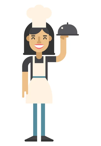 Chef mujer en delantal rosa y cocinar sombrero con un plato en la mano. Ilustración vectorial plana de color aislada sobre fondo blanco — Archivo Imágenes Vectoriales