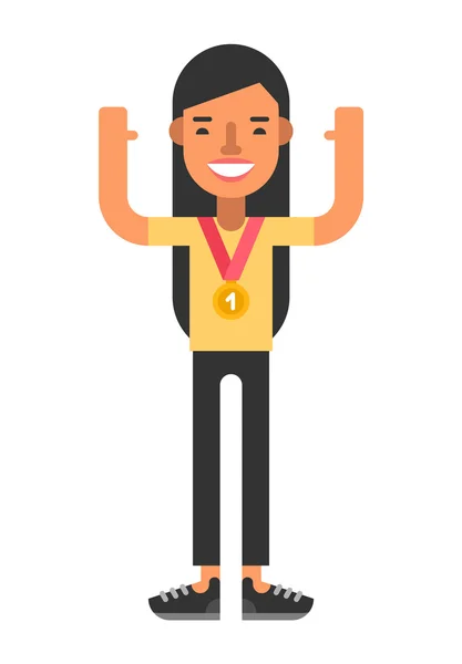 Ευτυχισμένη γυναίκα, νικητής με χρυσό μετάλλιο. Χρωματιστά επίπεδη διανυσματικά εικονογράφηση που απομονώνονται σε λευκό φόντο — Διανυσματικό Αρχείο