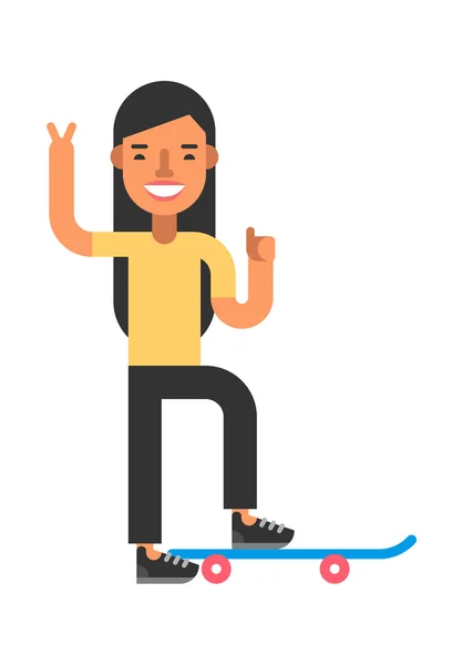 Skateboarding woman in yellow T-shirt. Flat vectir illustration isolated on white background. — Stock Vector