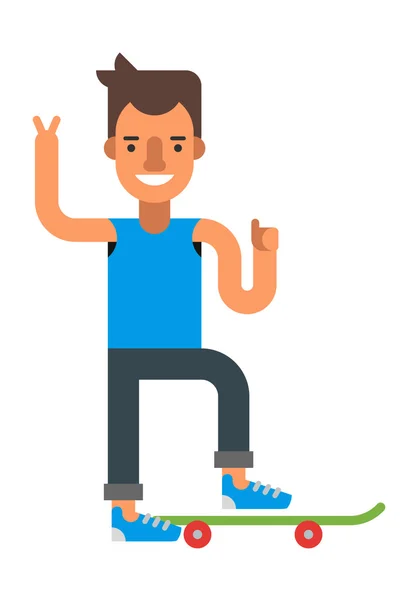 Happy guy with skateboard. Flat vector illustration isolated on white background. — Stock Vector