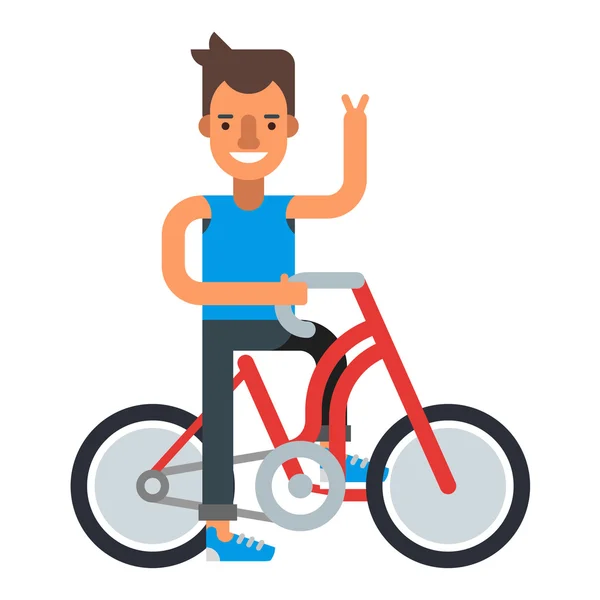 Un homme souriant avec un vélo. Illustration vectorielle plate isolée sur fond blanc . — Image vectorielle