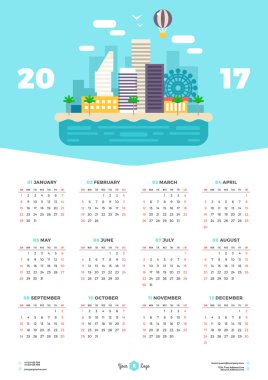 2017 yıl için takvim tasarım şablonu. Hafta Pazartesi başlıyor. İleti örneği tasarımı. Düz stil illüstrasyon vektör takvim Poster. Seyahat kavramı
