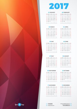 2017 Yılı Takvim Tasarım Şablonu. Hafta pazartesi başlıyor. Kırtasiye Tasarımı. Soyut Arka Plana Sahip Vektör Takvimi Posteri