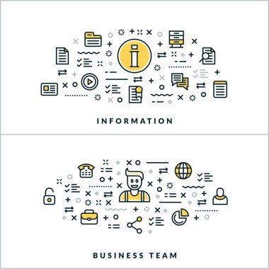 Bilgi ve İş Ekibi. Web Sitesi Banner veya Üstbilgi için Vektör Düz İnce Çizgi İllüstrasyon. Düz Çizgi Simgeleri ve Geometrik Tasarım Öğeleri