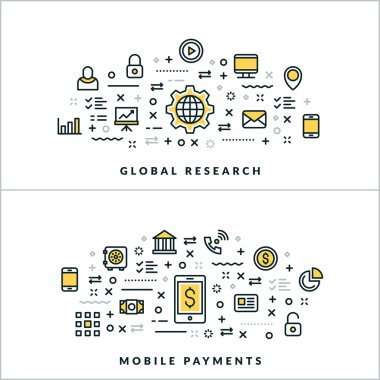 Küresel Araştırma ve Mobil Ödemeler. Web Sitesi Banner veya Üstbilgi için Vektör Düz İnce Çizgi İllüstrasyon. Düz Çizgi Simgeleri ve Geometrik Tasarım Öğeleri