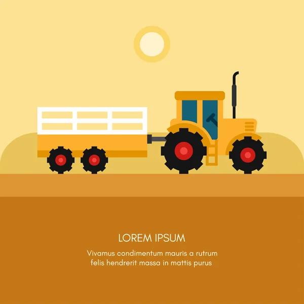 Traktor s přívěsem. Venkovská farma krajina. Plochý vektor – ilustrace. — Stockový vektor