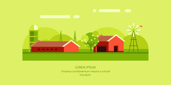 Paisagem rural agrícola. Red Farm Barn. Ilustração vetorial de estilo plano. Contexto do vetor —  Vetores de Stock