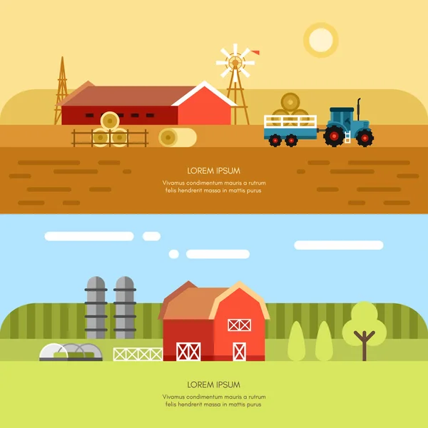 Paisaje rural de granja. Set de ilustraciones vectoriales de estilo plano. Fondo vectorial — Vector de stock