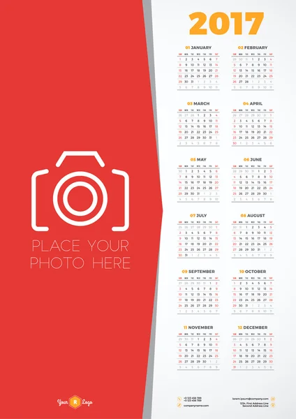 Calendario Design Template per 2017 Anno. La settimana inizia domenica. Progettazione cancelleria. Poster calendario vettoriale con posto per foto — Vettoriale Stock