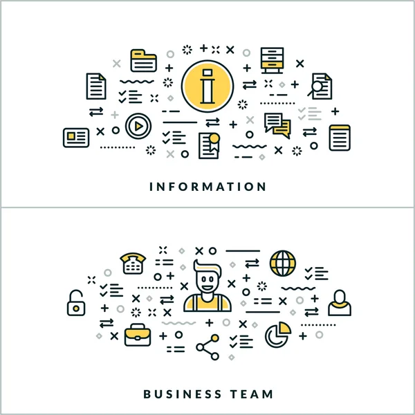 Equipo de Información y Negocios. Vector Flat Thin Line Illustration for Website Banner or Header (en inglés). Iconos de línea plana y elementos geométricos de diseño — Vector de stock