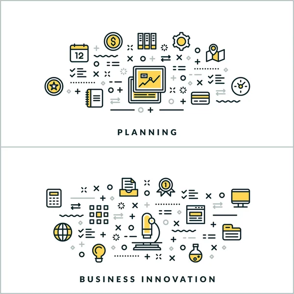 Planificación e innovación empresarial. Vector Flat Thin Line Illustration for Website Banner or Header (en inglés). Iconos de línea plana y elementos geométricos de diseño — Vector de stock