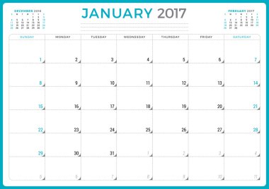 2017 Yılının Takvim Planlayıcısı. Vektör Tasarım Şablonu. Ocak. Hafta Pazar başlıyor. Sayfada 3 ay. Kırtasiye Tasarımı