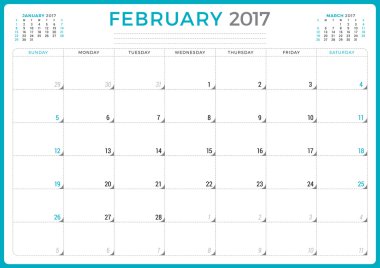 2017 Yılının Takvim Planlayıcısı. Vektör Tasarım Şablonu. Şubat. Hafta Pazar başlıyor. Sayfada 3 ay. Kırtasiye Tasarımı