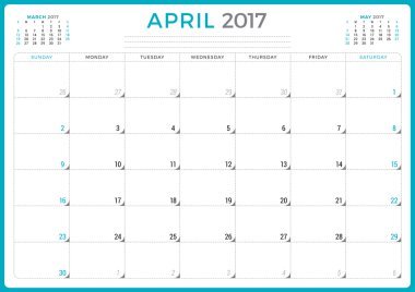 2017 Yılı Takvim Planlayıcısı. Vektör Tasarım Şablonu. Nisan. Hafta Pazar başlar. Sayfada 3 Ay. Kırtasiye Tasarımı