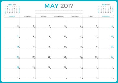 2017 Yılının Takvim Planlayıcısı. Vektör Tasarım Şablonu. Mayıs. Hafta Pazar başlıyor. Sayfada 3 ay. Kırtasiye Tasarımı