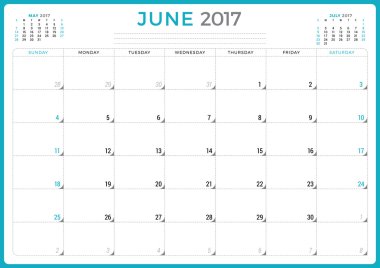 2017 Yılının Takvim Planlayıcısı. Vektör Tasarım Şablonu. Haziran. Hafta Pazar başlıyor. Sayfada 3 ay. Kırtasiye Tasarımı