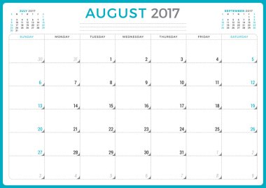 2017 Yılının Takvim Planlayıcısı. Vektör Tasarım Şablonu. Ağustos. Hafta Pazar başlıyor. Sayfada 3 ay. Kırtasiye Tasarımı