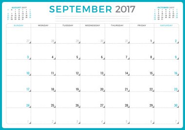 2017 Yılının Takvim Planlayıcısı. Vektör Tasarım Şablonu. Eylül. Hafta Pazar başlıyor. Sayfada 3 ay. Kırtasiye Tasarımı