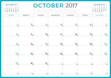 2017 Yılının Takvim Planlayıcısı. Vektör Tasarım Şablonu. Ekim. Hafta Pazar başlıyor. Sayfada 3 ay. Kırtasiye Tasarımı