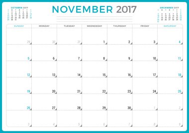 2017 Yılının Takvim Planlayıcısı. Vektör Tasarım Şablonu. Kasım. Hafta Pazar başlıyor. Sayfada 3 ay. Kırtasiye Tasarımı