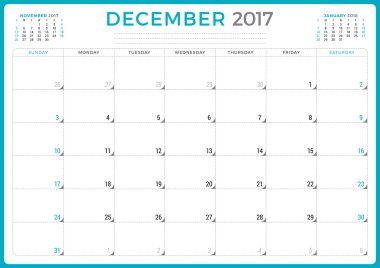 2017 Yılının Takvim Planlayıcısı. Vektör Tasarım Şablonu. Aralık. Hafta Pazar başlıyor. Sayfada 3 ay. Kırtasiye Tasarımı