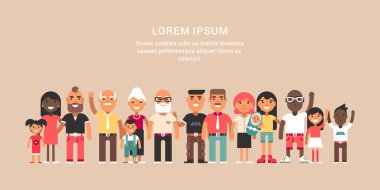 Geniş bir aile. Ayakta her yaştan mutlu karakterlerden oluşan bir grup. 