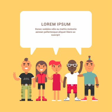 Bir grup arkadaş. Hipster'lar. Bir kelime bulutu ile sarı arka plan üzerinde renkli düz vektör çizimi 